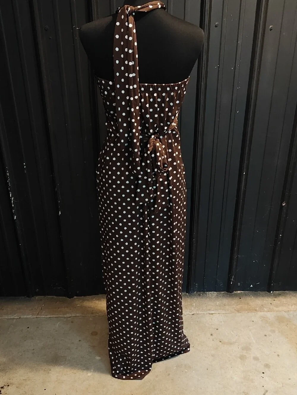 Polka Dot Halter Maxi Dress in Brown and White